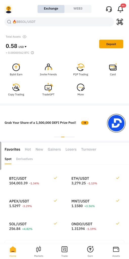 Step 2: Deposit USDT
To trade Trump Coin, you need USDT (Tether) in your account. Here’s how to deposit USDT:
Go to the Homepage: Click on the yellow "Deposit" button at the top right of the screen.
Select “Deposit Crypto”: This will let you fund your account with cryptocurrency.
Pick USDT: Search for USDT and choose it as the deposit method.
Choose a Network: Bybit supports several networks for depositing USDT, including:
BSC (BEP20): This is free, but the minimum deposit amount is $10.
TRC20, CELO, APTOS, and others may charge very low fees, usually under $0.5.
Copy the Wallet Address:
Copy the USDT wallet address displayed on the screen.
Go to your external wallet or exchange where your funds are stored and transfer USDT to the address.
Wait for Confirmation: Deposits are usually completed within minutes, depending on the network.
