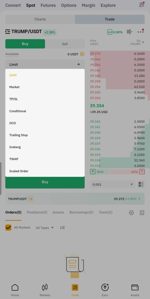 Step 5: Set Up Your Order
On the trading page, you’ll find several options to customize your purchase:
Order Types
Market Order: Buy instantly at the best available price.
Limit Order: Set a specific price at which you want to buy Trump Coin. The system will execute the order when the price matches your set amount.
Other Options: Advanced options like TWAP (splits large trades into smaller ones over time) and Conditional Orders are also available for experienced users.
Set Your Purchase Amount
Use the slider to select a percentage of your USDT balance to spend.
Alternatively, enter the exact amount of USDT you want to use. The system will calculate how many Trump Coins you will receive.
