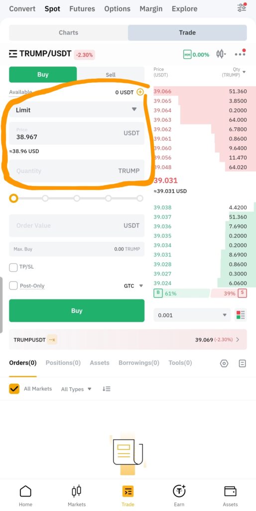 Set Your Purchase Amount
Use the slider to select a percentage of your USDT balance to spend.
Alternatively, enter the exact amount of USDT you want to use. The system will calculate how many Trump Coins you will receive.
