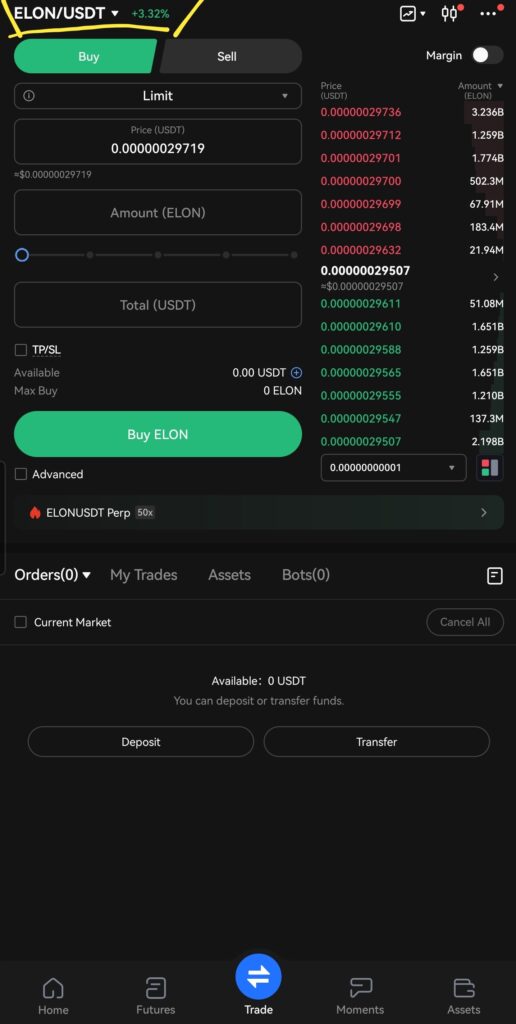 Step 3: Go to the Trading Page
After funding your wallet, go back to the homepage.
Tap the blue “Trade” button at the center bottom of the screen. This will open the trading interface.
