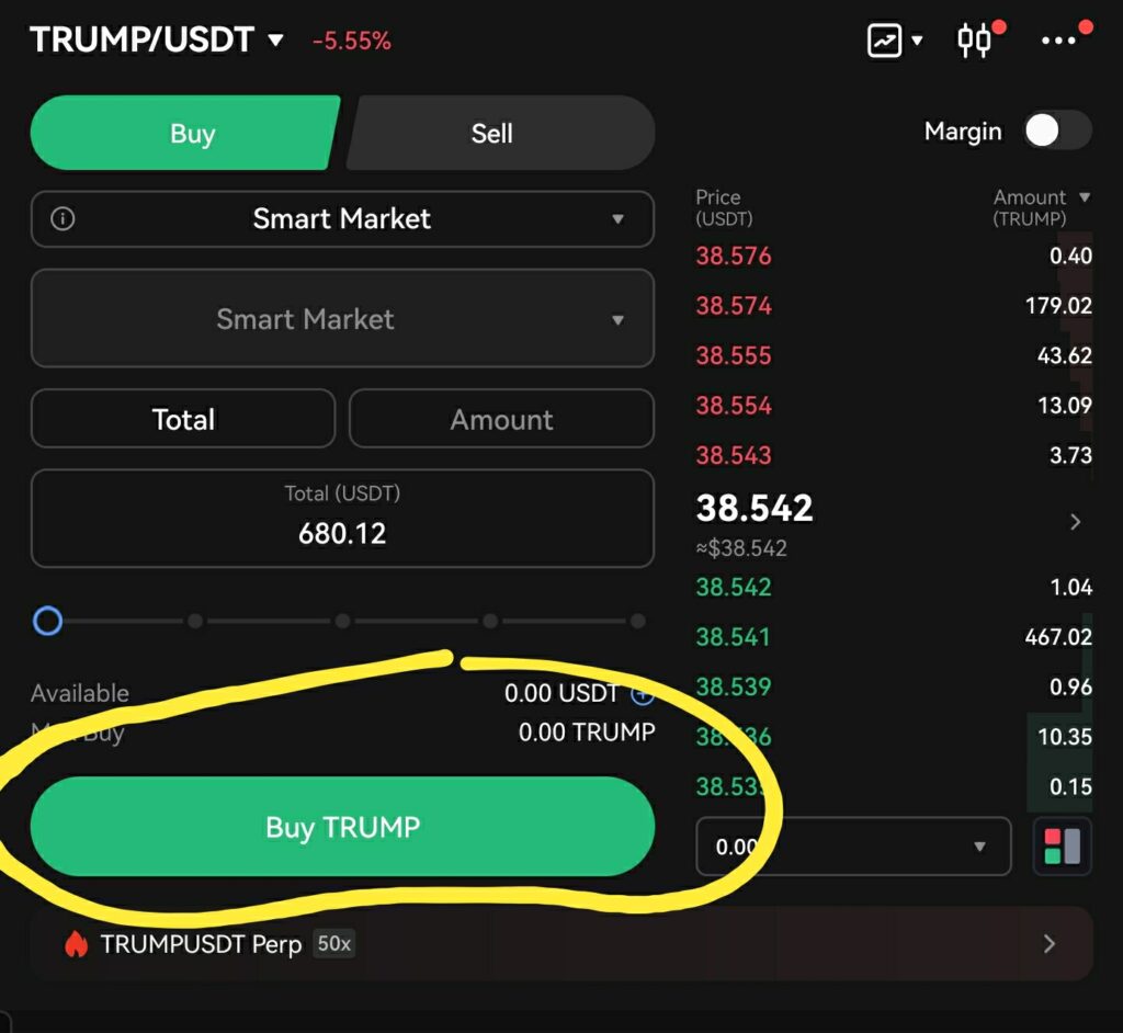 Step 6: Complete the Purchase
Once you click Buy TRUMP, your order will be processed based on the type you selected:
If you used Limit Order, the system waits for the price to match your set value.
If you used Smart Market Order, the purchase completes immediately.
If you used Conditional Order, the system monitors the market and buys only when your condition is met.
If you used TWAP, the system splits and processes the order over a period.
