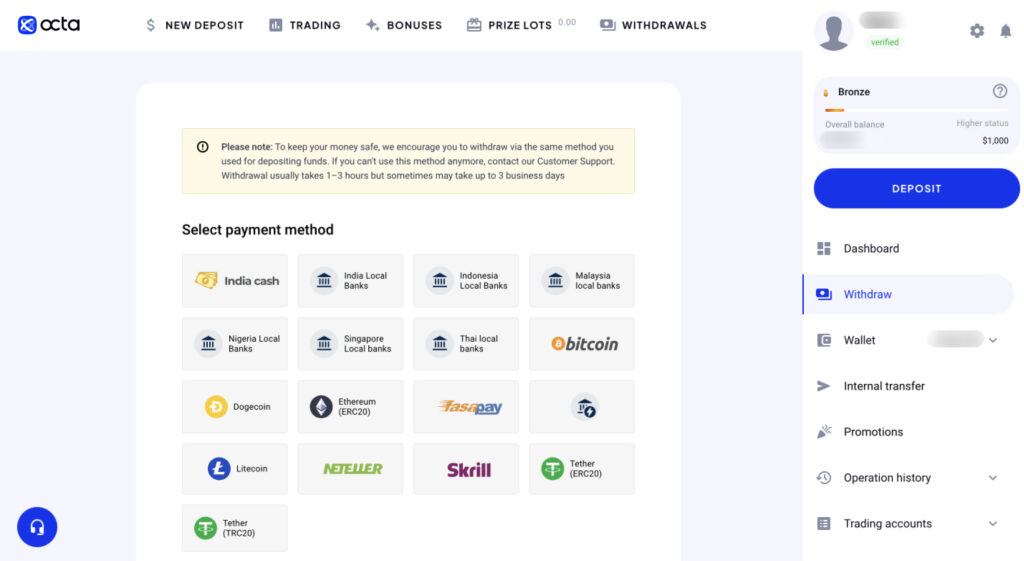 How to Withdraw Money from Octa in Nigeria (Step-by-step Guide with Screenshots)

2. Choose Your Withdrawal Method
From Your Wallet:
On the right-hand menu, click on "Wallet."
Then, select the "Withdraw" option.
From Your Trading Account:
Select the account you want to withdraw money from.
Press the “Withdraw” button.
